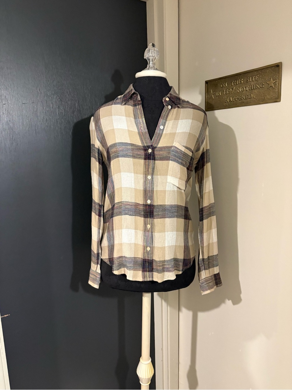Aritzia Wilfred Cream Plaid Wool Blend Button-Up Shirt with Rainbow Detailing